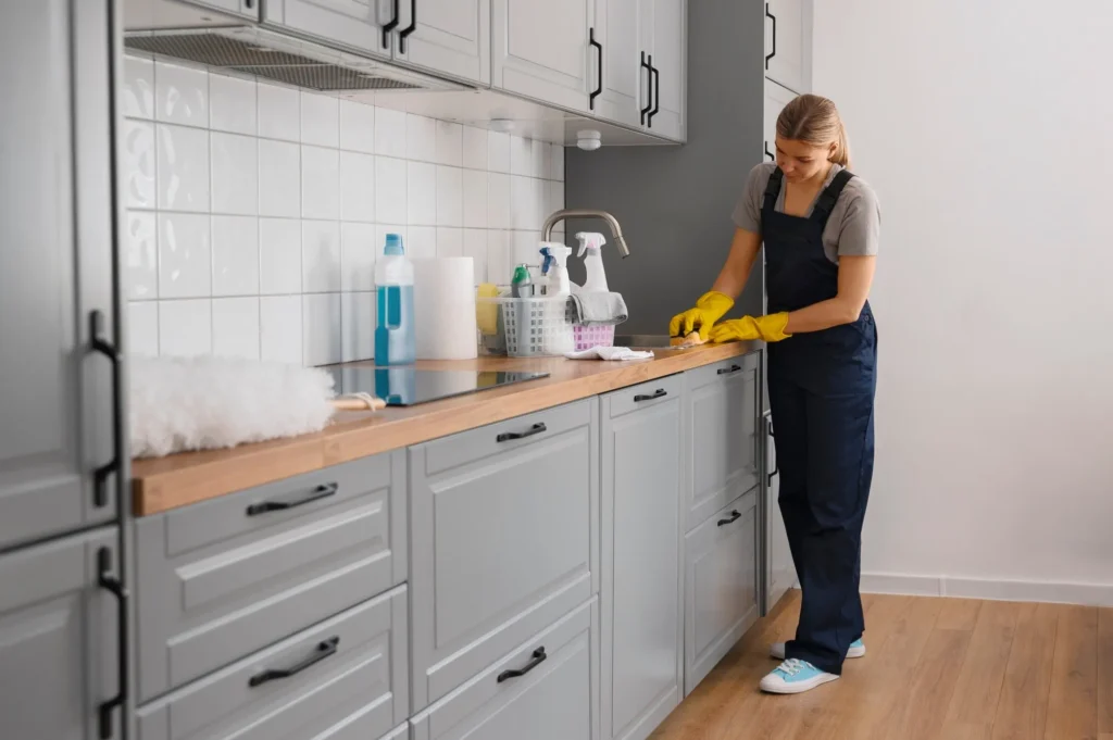 A female professional cleaner wearing navy overalls and yellow gloves wiping down a modern kitchen counter next to cleaning supplies.