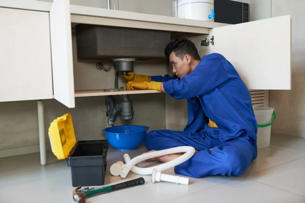 An Asian plumber wearing blue overalls and yellow rubber gloves fixes pipes under a breakroom sink with a toolbox and basin nearby.
