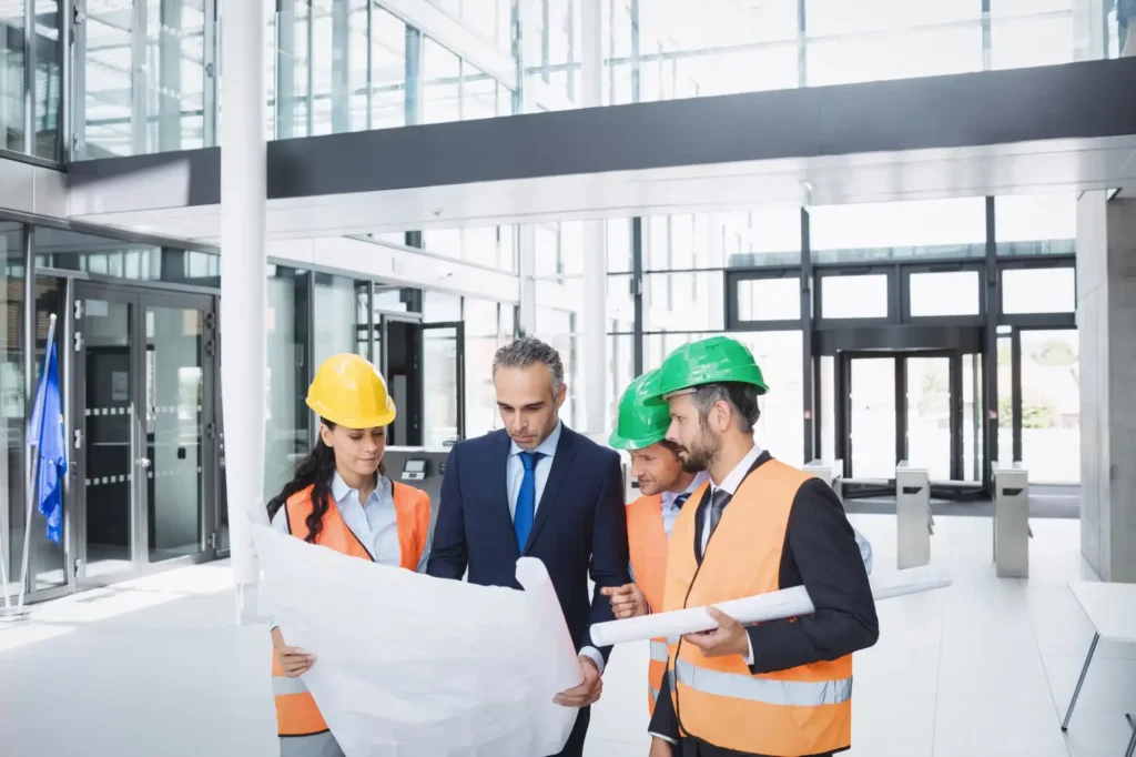 A businessman in a suit reviewing architectural blueprints with a team of engineers wearing hard hats and safety vests in a modern glass atrium lobby.