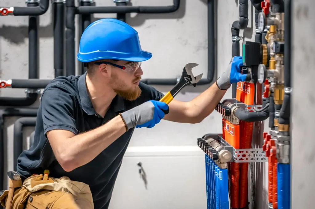 An HVAC technician wearing a blue hard hat and safety glasses uses a wrench to adjust valves on a commercial heating manifold system.